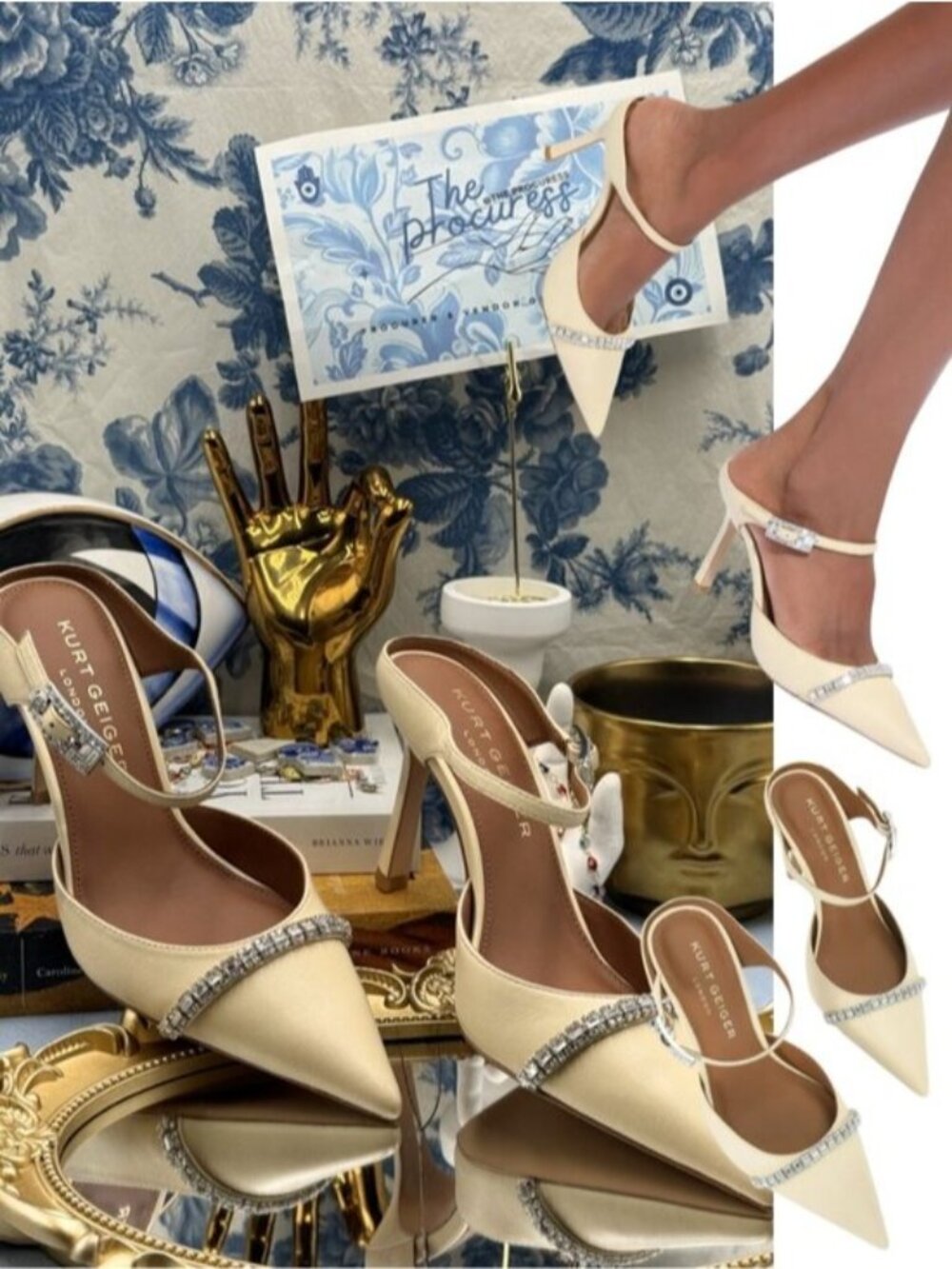 🆕 KURT GEIGER LONDON 🧿 NWOB Strass Point Mule, Cream Leather - Sz 37 US 7